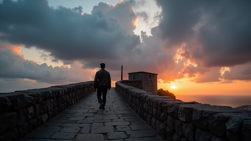 Bastión histórico bajo cielo nublado con luz suave y atmosférica del atardecer