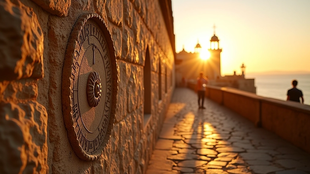 Reloj de sol histórico en los bastiones del Fuerte San Cristóbal, con sombras proyectadas